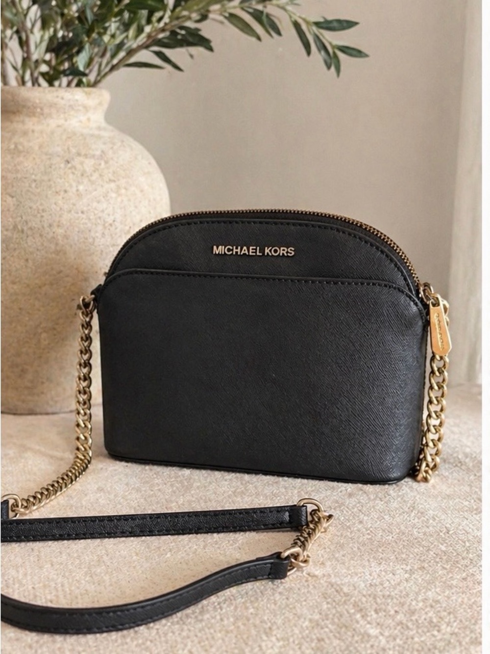 Michael Kors Black Saffiano Crossbody with Gold Chain Strap